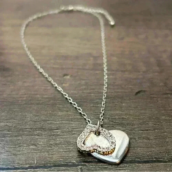 Vintage Silver Tone and Pink Gems Two Heart Pendants Necklace - Picture 2 of 4